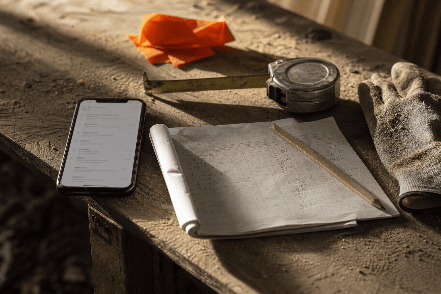 Un téléphone, un devis papier et un crayon de charpentier sur un plan de travail