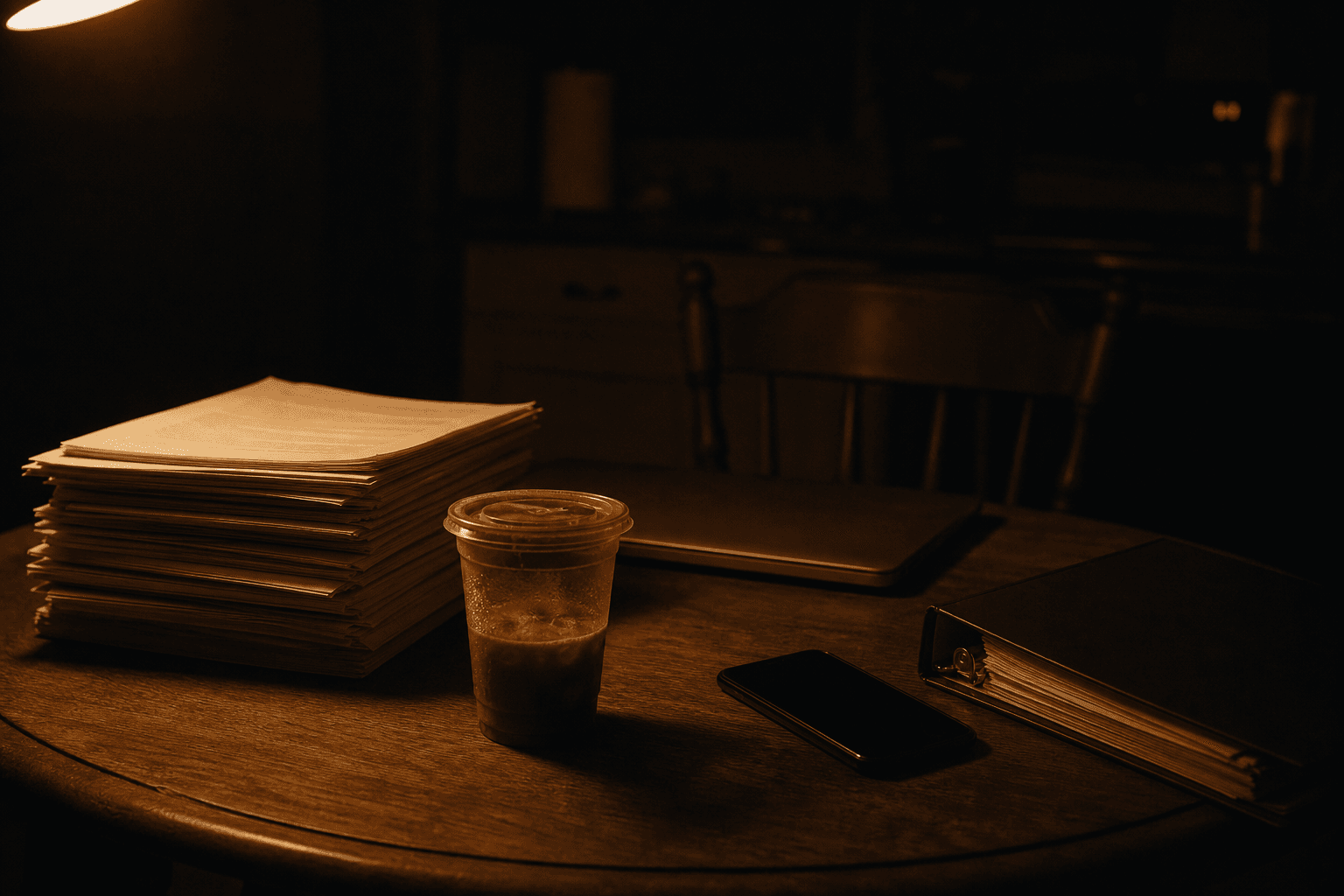 Une table de cuisine le soir, des devis imprimés, un ordinateur fermé et une lampe